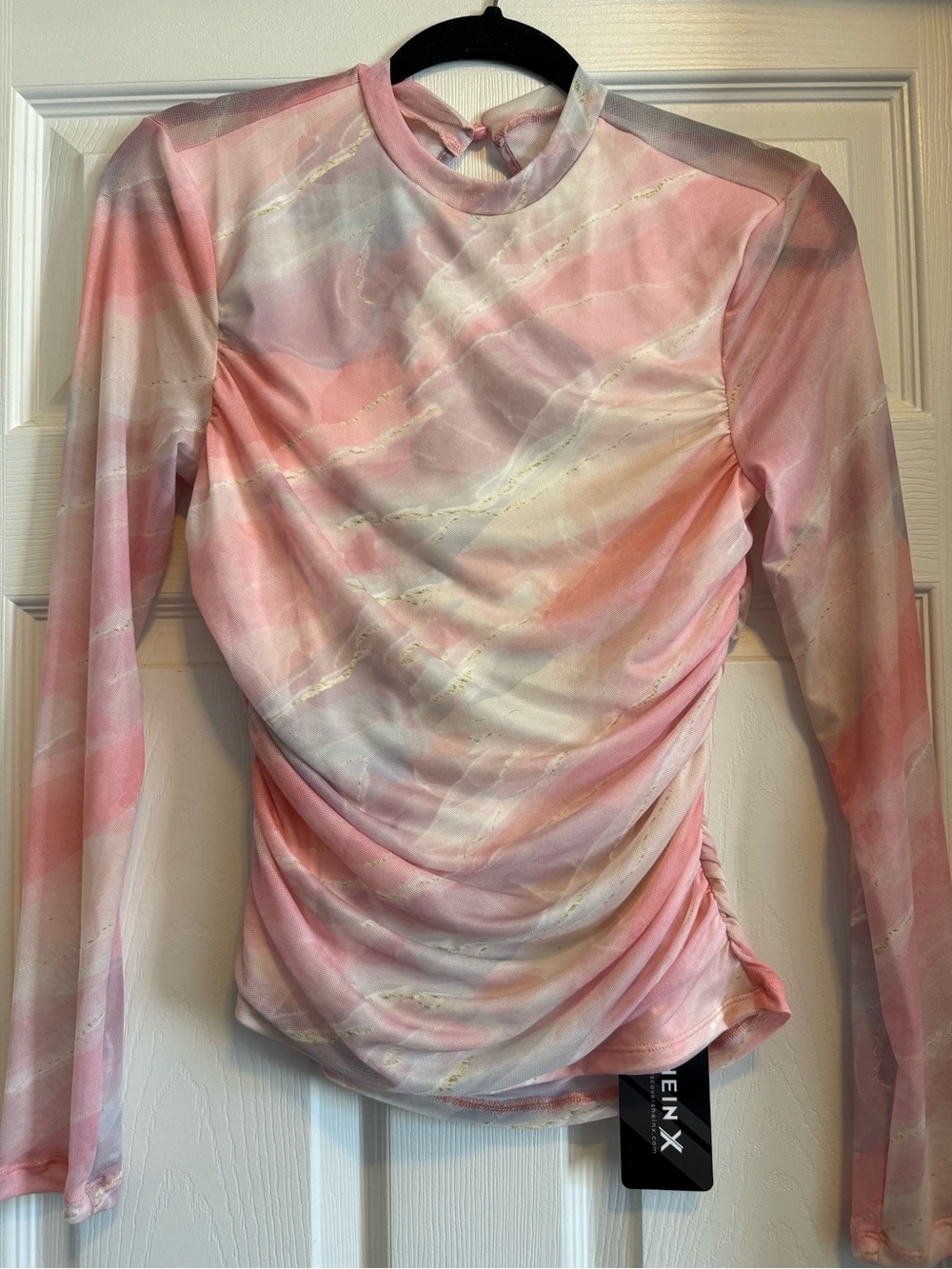 SHEIN Pink Pastel Ruched Long Sleeve Mesh Blouse